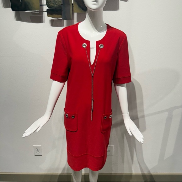Joseph Ribkoff Merlot Dress Size 10 w/ Pockets, Eyelet Buttons and Chain Accent - Picture 6 of 13